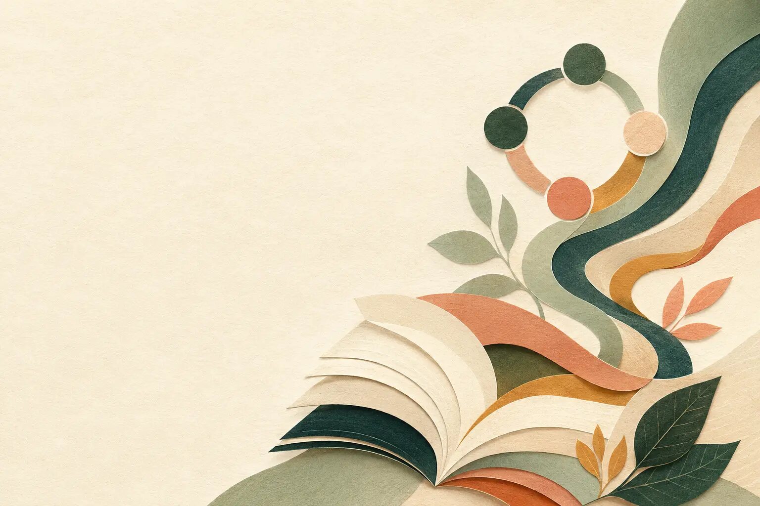 An open book with interwoven paths and circles representing shared learning and connection.